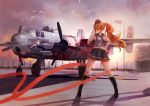  1girl adjusting_sunglasses airplane b-25 bare_shoulders bird bomber elbow_gloves gloves hand_on_hip hat highres hornet_(warship_girls_r) long_hair magician_(china) mecha_musume midriff navel personification ponytail school_uniform serafuku shirt skirt sleeveless sleeveless_shirt solo sunglasses warship_girls_r white_gloves 