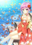  blush choker flower headdress kaname_(pixiv8618045) kimono pink_hair ponytail red_eyes ribbon short_hair wafuku water 