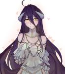  1girl ahoge albedo bare_shoulders black_hair blush breasts chain cleavage demon_girl detached_collar gloves hair_between_eyes heart horns large_breasts long_hair looking_at_viewer overlord_(maruyama) simple_background smile solo very_long_hair walzrj white_background white_gloves yellow_eyes 