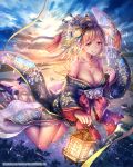  1girl anbe_yoshirou bare_shoulders bent_knees blonde_hair breasts cleavage clouds floating hair_ornament headdress japanese_clothes jewelry lamp long_hair necklace original petals red_eyes shinma_x_keishou!_ragnabreak sky socks solo thighs traditional_clothes wide_sleeves 