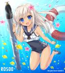  1girl ameto_yuki blonde_hair blue_eyes crop_top fish flower hair_flower hair_ornament hibiscus highres kantai_collection lifebuoy long_hair looking_at_viewer one-piece_tan open_mouth ro-500_(kantai_collection) sailor_collar school_swimsuit submarine swimsuit swimsuit_under_clothes tan tanline torpedo 