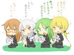  /\/\/\ 4girls ? barefoot black_serafuku blonde_hair brown_eyes brown_hair commentary_request crescent crescent_hair_ornament glasses green_eyes green_hair hair_ornament kantai_collection kikuzuki_(kantai_collection) long_hair long_sleeves mochizuki_(kantai_collection) multiple_girls musical_note nagatsuki_(kantai_collection) necktie open_mouth satsuki_(kantai_collection) school_uniform serafuku sitting sweat translation_request twintails white_hair white_syndrome yellow_eyes 