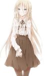  1girl alternate_costume aqua_eyes backless_outfit blonde_hair blush braid brown_legwear hiro_(hirohiro31) ia_(vocaloid) long_hair long_sleeves pantyhose shirt skirt solo twin_braids very_long_hair virgin_killer_outfit vocaloid 