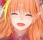  1girl blonde_hair blurry closed_eyes commentary crying depth_of_field dragon_girl dragon_horns english_commentary face highres hololive horns kiryu_coco makeitezz21 multicolored_hair open_mouth orange_hair pointy_ears smile solo streaked_hair streaming_tears tears two-tone_hair virtual_youtuber 
