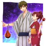  1boy 1girl free! green_eyes happy holding_hands japanese_clothes kimono matsuoka_gou ponytail red_eyes redhead rio_(rio_01) short_hair tachibana_makoto 