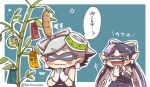  +_+ 2girls :d aori_(splatoon) bamboo black_hair blush closed_eyes commentary_request food food_on_head gloves hair_rings hand_to_own_mouth hands_together hotaru_(splatoon) index_finger_raised laughing long_hair mole mole_under_eye multiple_girls object_on_head open_mouth orange_eyes outline reimu9 short_hair silver_hair smile splatoon star sushi symbol-shaped_pupils tanabata tanzaku tears tentacle_hair translation_request white_gloves 