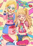  2girls aikatsu! bent_knees blonde blush bracelet braid character_name duo female green_eyes high_resolution indian_style_sitting jewelry kneeling long_hair glasses multiple_girls natsuki_mikuru necklace open_mouth pixiv_id_5170635 red-framed_glasses red_eyes shinjou_hinaki short_hair short_twin_tails sitting smile text 