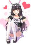  1girl animal_ears bent_knees black_hair collarbone dress elin_(tera) garters gloves heart heart_hands highres long_hair mary_janes one_eye_closed open_mouth rabbit_ears shoes solo tailam tera_online thigh-highs white_gloves white_legwear 