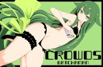  1girl bare_shoulders bikini black_bikini bow frilled_bikini frills gatchaman_crowds green_eyes green_hair hair_bow hair_flaps highres leg_garter long_hair looking_at_viewer makabe_gorou navel solo swimsuit utsutsu very_long_hair 