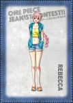  1girl breasts denim denim_shorts jeans long_hair midriff multi-tied_hair navel official_art one_piece open_clothes open_mouth pants pink_eyes pink_hair rebecca_(one_piece) sandals shorts smile solo tagme 