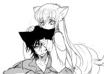  1boy 1girl animal_ears c.c. cat_ears cat_tail code_geass creayus lelouch_lamperouge long_hair looking_at_viewer monochrome open_mouth simple_background sleeves_past_wrists tail triangle_mouth twitter_username white_background 