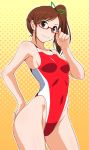  1girl bespectacled brown_eyes brown_hair competition_swimsuit futami_mami glasses highleg highleg_swimsuit idolmaster long_hair one-piece_swimsuit side_ponytail standing swimsuit tetuo_kun 