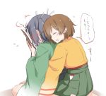  2girls blue_eyes blue_hair blush book brown_hair closed_eyes covering_face drooling embarrassed from_behind hiryuu_(kantai_collection) hug hug_from_behind japanese_clothes kantai_collection multiple_girls open_mouth plhsxf seiza short_hair short_twintails side_ponytail sitting sleeping souryuu_(kantai_collection) twintails 