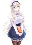  1girl blonde_hair blue_eyes breasts brown_legwear cowboy_shot drill_hair glasses gorua_(youce01) hairband long_hair looking_at_viewer original pantyhose semi-rimless_glasses simple_background solo stuffed_animal stuffed_toy teddy_bear twin_drills under-rim_glasses v_arms very_long_hair white_background 