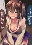  1girl adapted_costume bare_shoulders blush breasts brown_eyes brown_hair cleavage japanese_clothes kaga_(kantai_collection) kantai_collection short_hair side_ponytail solo tai_(nazutai) thigh-highs translation_request 