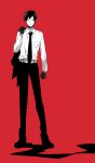  black_hair chonnbo durarara!! formal full_body gloves high_resolution looking_at_viewer male necktie one_eye_closed orihara_izaya red_background red_eyes short_hair simple_background solo suit wink 