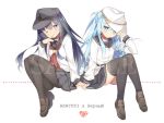  2girls ;) akatsuki_(kantai_collection) anchor_symbol aqua_eyes aqua_hair black_hair black_legwear full_body hat hibiki_(kantai_collection) kantai_collection long_sleeves multiple_girls neckerchief one_eye_closed rei_(rei&#039;s_room) remodel_(kantai_collection) sailor_collar sailor_dress school_uniform serafuku shoes simple_background skirt smile verniy_(kantai_collection) violet_eyes white_background 