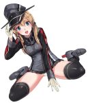  1girl akasaai blonde_hair blush dutch_angle gloves hair_ornament hat kantai_collection long_hair military military_uniform open_mouth panties pantyshot peaked_cap prinz_eugen_(kantai_collection) simple_background smile solo thigh-highs twintails underwear uniform 