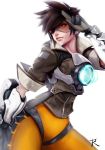  1girl bodysuit bomber_jacket brown_eyes brown_hair freckles gloves goggles highres lena_oxton overwatch ryumi-gin short_hair simple_background solo thighs tracer_(overwatch) white_background 