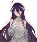  1girl ahoge albedo bare_shoulders black_hair blush breasts cleavage demon_girl detached_collar gloves hair_between_eyes heart horns large_breasts long_hair looking_at_viewer overlord_(maruyama) simple_background smile solo very_long_hair walzrj white_background white_gloves yellow_eyes 