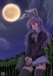  1girl animal_ears bamboo bamboo_forest black_legwear blazer breasts ebr-kii forest full_moon glowing glowing_eyes gun long_hair looking_away moon nature pleated_skirt purple_hair rabbit_ears red_eyes reisen_udongein_inaba skirt sky solo star star_(sky) starry_sky thigh-highs touhou weapon 