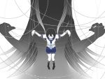  1girl black_hair closed_eyes faubynet highres lifted_by_another long_hair original restrained school_uniform serafuku short_hair silhouette skirt solo string twintails 