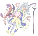  2girls animal_ears back_cutout bat_wings blue_hair blush bow braid colored dog_ears dog_tail dress fang hair_bow hair_ornament hat izayoi_sakuya maid_headdress mob_cap morino_hon multiple_girls necktie open_mouth paw_pose red_eyes remilia_scarlet ribbon short_hair simple_background sketch smile sweat tail tail_wagging text touhou twin_braids white_background wings 