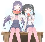  2girls ^_^ artist_name ascot black_hair bracelet closed_eyes eating food fruit hair_ornament hairpin jewelry long_hair love_live!_school_idol_project marin_(myuy_3) multiple_girls overall_skirt pink_legwear purple_hair sailor_collar shirt sitting thigh-highs toujou_nozomi twintails watermelon white_shirt wristband yazawa_nico 