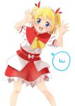 1girl absurdres ascot blonde_hair blue_eyes blush bow dress hair_bow hayaneko_(ceceragi) headdress highres open_mouth outstretched_hand short_hair simple_background smile solo sunny_milk touhou twintails white_background wings 