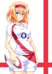  1girl alice_margatroid ball blonde_hair blue_eyes blush breasts hairband looking_at_viewer rugby rugby_ball rugby_uniform shirt short_hair shorts solo sportswear takamichis211 touhou 