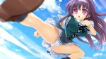  16:9_aspect_ratio breasts cg_art clouds female kicking kisaragi_rei large_breasts maple_colors_hhh_class_zenin_ore_no_yome! purple_hair sky solo 