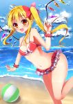  1girl ball beach beachball bikini blonde_hair blue_sky bow breasts cleavage clouds fang flandre_scarlet frilled_bikini frills hair_bow highres indoor_pool navel open_mouth red_bikini red_eyes side_ponytail sky smile solo standing_on_one_leg swimsuit touhou water wings wrist_cuffs ymd_(holudoun) 