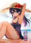  1girl arm_up armpits black_hair blush bottle bow breasts cleavage flower hat hat_flower kantai_collection large_breasts long_hair one-piece_swimsuit polka_dot polka_dot_swimsuit sitting smile solo sun_hat swimsuit ushio_(kantai_collection) water_bottle yadapot 