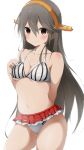  1girl adapted_costume bikini black_hair hair_ornament hairband hairclip haruna_(kantai_collection) highres kantai_collection koutya long_hair remodel_(kantai_collection) skirt smile solo striped striped_bikini striped_swimsuit swimsuit 