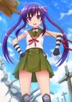  1girl blush ebisuzawa_kurumi fingerless_gloves gakkou_gurashi! gloves hand_on_hip highres kazenokaze knee_pads long_hair looking_at_viewer open_mouth purple_hair school_uniform shovel smile solo twintails very_long_hair worktool 