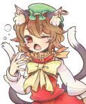  1girl animal_ears brown_hair cat_ears cat_tail chen green_hat ibarashiro_natou jewelry mob_cap multiple_tails nekomata one_eye_closed short_hair single_earring solo tail tears touhou two_tails 