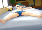  1girl barefoot bed chair desk drooling hair_bobbles hair_ornament hat iromeki_overdrive kawashiro_nitori midriff navel office_chair open_mouth short_shorts shorts sleeping small_breasts solo stuffed_animal stuffed_penguin stuffed_toy tank_top touhou twintails window 
