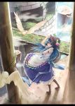  1girl bird blue_hair boots bow castle floating_rock flower food fruit hat highres hinanawi_tenshi long_hair open_mouth peach pillar puffy_short_sleeves puffy_sleeves red_eyes shirt short_sleeves signature skirt solo touhou uruha_(yw1109) very_long_hair vines wind 