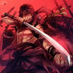  1:1_aspect_ratio angry anthropomorphization doutanuki_masakuni exposed_chest facial_mark injury male open_mouth pixiv_id_11159559 png_conversion red_background scar scratch short_hair simple_background solo sword tachi touken_ranbu weapon 