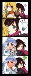  3girls 4koma blonde_hair blue_eyes blush breast_grab cape comic dress flat_chest full-face_blush heart highres light_bulb long_hair makari multiple_girls ponytail question_mark ruby_rose rwby scar short_hair siblings silent_comic sisters violet_eyes weiss_schnee white_hair yang_xiao_long yuri 