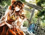  1girl ascot bow bow_(instrument) brown_eyes brown_hair butterfly detached_sleeves dress forest hair_bow hair_tubes hakurei_reimu highres instrument jan_(artist) looking_at_viewer nature playing_instrument red_dress ribbon-trimmed_sleeves ribbon_trim smile solo statue torii touhou violin wide_sleeves 