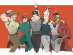  5boys dog erico_jojo halo iggy_(jojo) jean_pierre_polnareff jojo_no_kimyou_na_bouken joseph_joestar kakyouin_noriaki kuujou_joutarou mohammed_avdol multiple_boys 