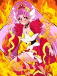  1girl akagi_towa annon_(wtvt) bangs belt bracelet breasts choker cleavage cure_scarlet detached_sleeves earrings fiery_background fire go!_princess_precure jewelry long_hair magical_girl parted_bangs pink_hair pointy_ears precure red_eyes red_shoes red_skirt shoes skirt smile solo 