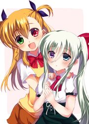  2girls blonde duo einhart_stratos female heterochromia long_hair lyrical_nanoha mahou_shoujo_lyrical_nanoha_vivid multiple_girls pixiv_id_221597 takamichi_vivio twintails 