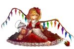  1girl adapted_costume alternate_costume alternate_headwear apple ascot asymmetrical_hair blonde_hair blush cage corset crystal flandre_scarlet flower food frills fruit long_sleeves looking_away pointy_ears puffy_sleeves red_eyes rose side_ponytail simple_background sitting skirt solo stuffed_animal stuffed_toy teddy_bear touhou white_background wide_sleeves wings yuren 