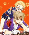  2boys abacus blonde_hair blue_eyes book brown_hair chin_rest glasses gloves hakata_toushirou heshikiri_hasebe male_focus multiple_boys oekaki-daisuki-dessu open_mouth pencil pencil_behind_ear red-framed_glasses smile touken_ranbu white_gloves 