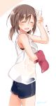  1girl blush brown_hair closed_eyes cowboy_shot flying_sweatdrops from_side hot looking_at_viewer low_twintails original sasahara_wakaba shirt short_hair short_twintails shorts smile solo sweat sweatdrop tank_top towel twintails twitter_username v wet wet_clothes wet_shirt 