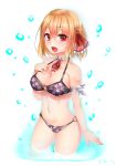  1girl alternate_costume bikini blonde_hair blush breasts cleavage detached_collar doyouwantto hair_ribbon large_breasts looking_at_viewer navel o-ring_bikini older open_mouth red_eyes ribbon rumia short_hair smile solo swimsuit touhou 