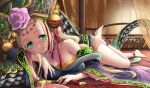 1girl bare_shoulders barefoot blonde_hair blush breasts cleavage detached_sleeves flower green_eyes highres hotpepperman jewelry long_hair lying meimei_(p&amp;d) necklace puzzle_&amp;_dragons rose smile solo 
