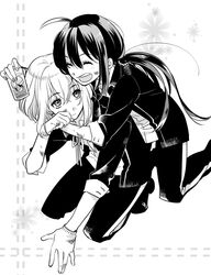  2boys ^_^ ahoge closed_eyes glass gloves honebami_toushirou hug ice_cube male_focus monochrome multiple_boys namazuo_toushirou oekaki-daisuki-dessu open_mouth ponytail sleeves_rolled_up smile touken_ranbu 